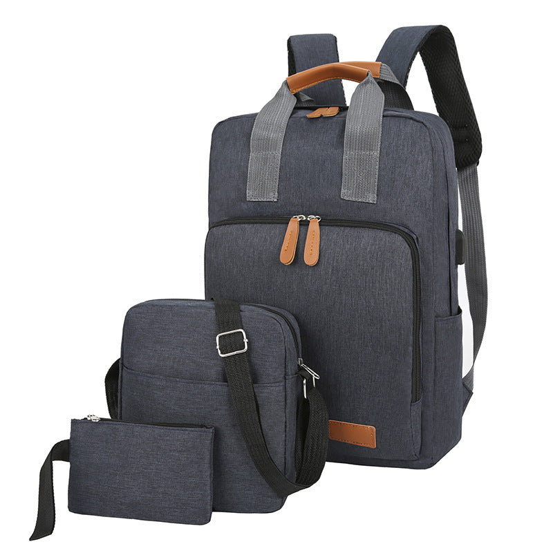 「9025」E23.00新款商務休閒男士雙肩背包三件套戶外旅行電腦包學生書包
